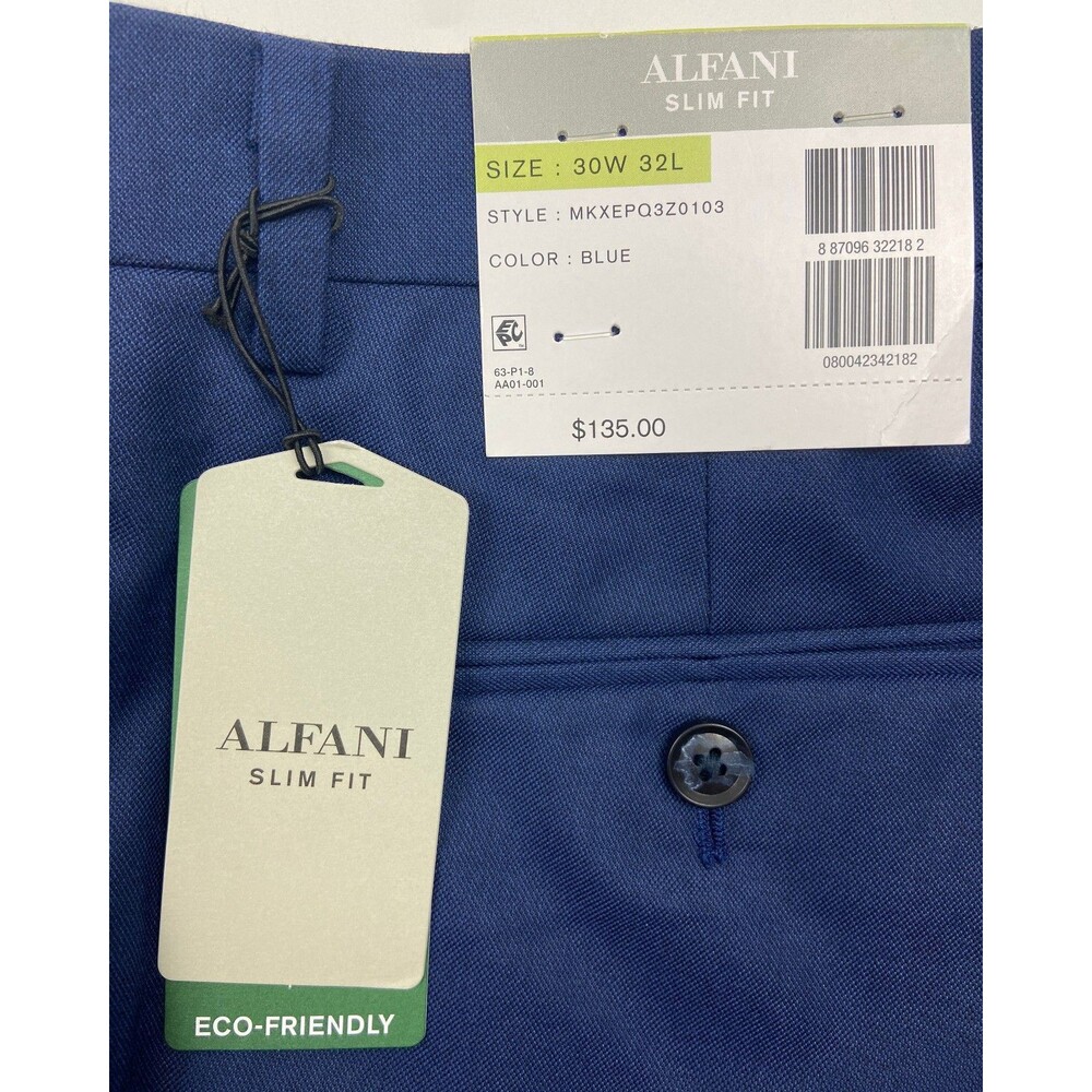$135 BRAND NEW ALFANI Mens 30x32 Solid Blue Soft Slim Fit Dress Pants/Slacks - Picture 3 of 7